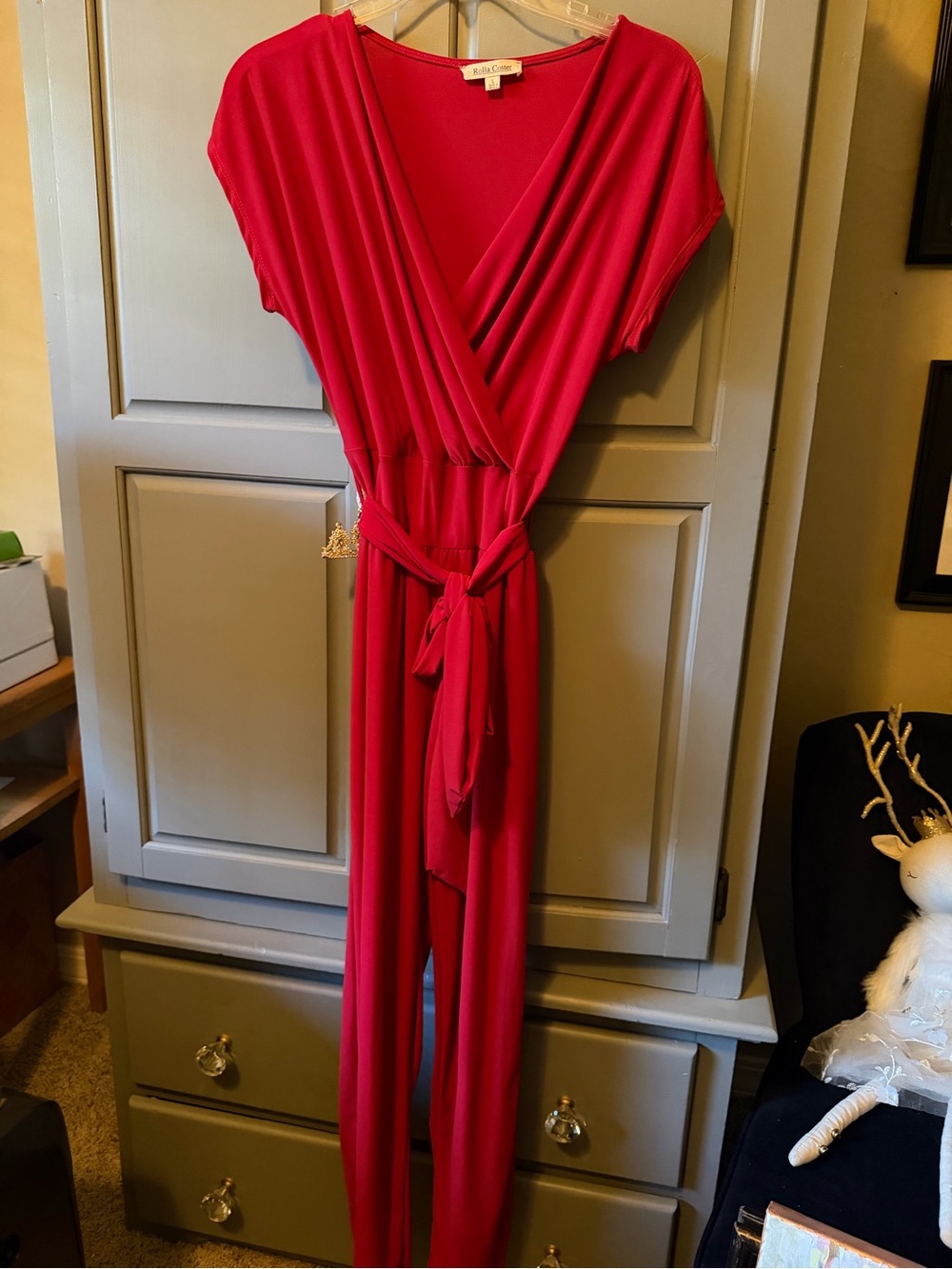 Red Wrap-Front Jumpsuit with Tie Belt